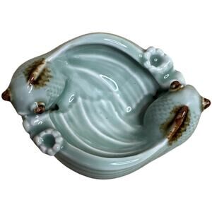 Vintage Turquoise Double Koi Fish Ceramic Catchall Trinket Dish MCM Decor